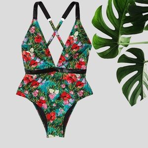 New Large VS BLING ONE PIECE SWIMSUIT Shine Floral Tropical Strap